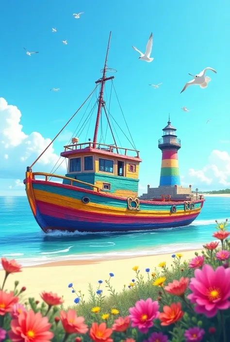 Photo dun magnifique chalutier de toute les couleurs qui passe devant un joli phare coloré sur une belle plage de sable remplie de belles fleurs, avec un ciel bleu et des mouettes dans le ciel. Vision hyper réaliste 