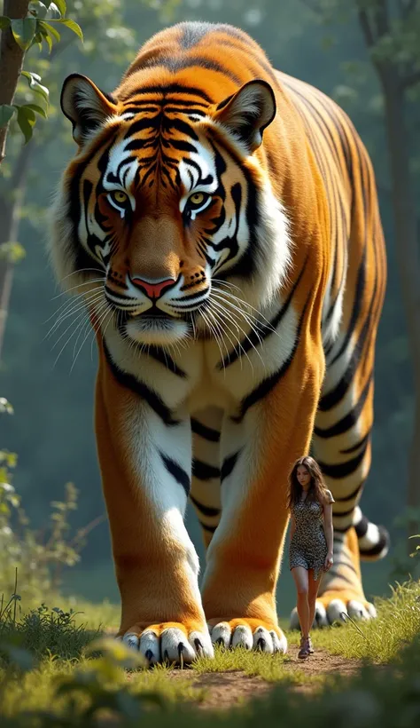 A highly detailed, hyper-realistic 8K digital painting of a massive Bengal tiger walking alongside a human female. The tiger stands over 10 feet tall at the shoulder, its muscular body and powerful stride conveying a sense of pure primal strength and grace...