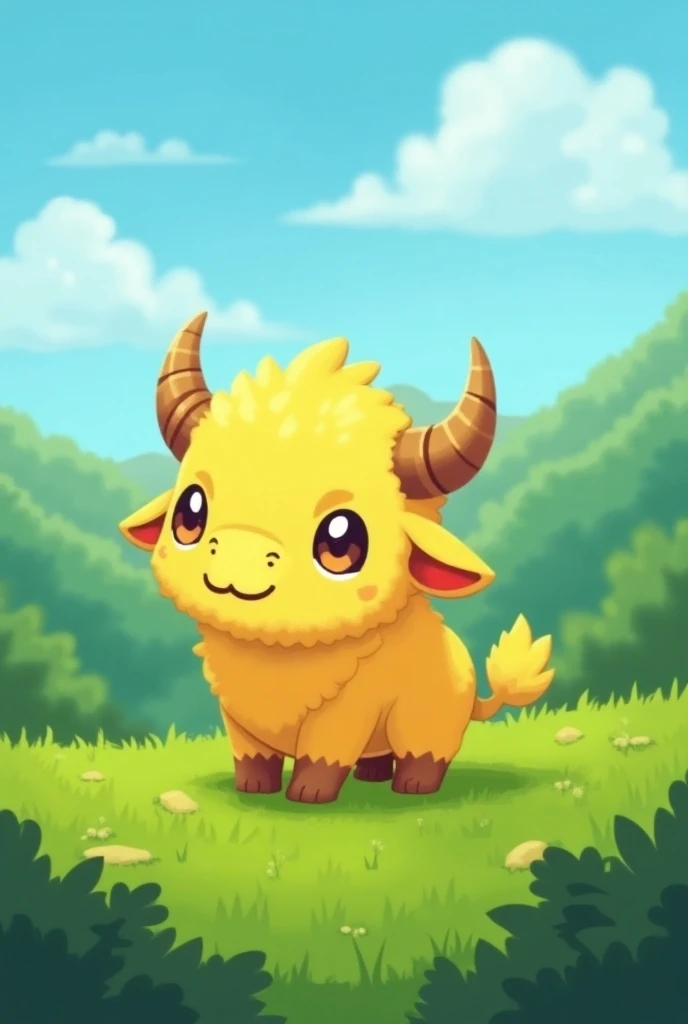 a baby bull-amarillo inspired, pokemon style, pixel art, rpg games, grassfield, soft-furs, little metal two horns