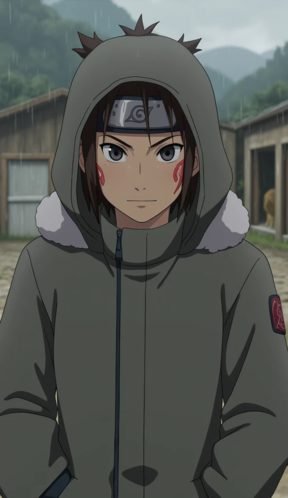 Kiba Inuzuka from Naruto, medium shot from head to waist, wearing grey hooded fur-lined jacket, Konoha headband, red fang markings on cheeks, spiky brown hair, rain droplets on clothes and face, Inuzuka clan compound with kennels in background