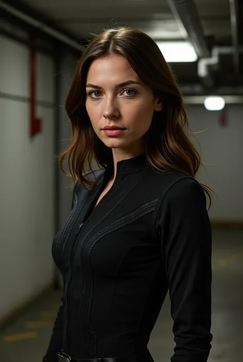 avengers black widow Scarlett Johansson female look alike, cosplayer in an underground building facility, indoor, realistic photography, detailed, focus on the face