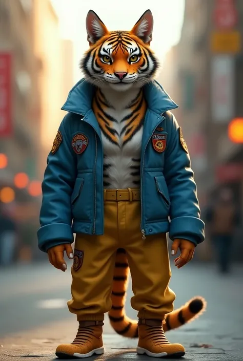 t:  Create an image of an anthropomorphic cat with stripes like a tiger standing upright on two legs , dressed in a blue jacket with badges and yellow pants .  The environment is an urban street with buildings and warm lighting that contrasts the natural e...