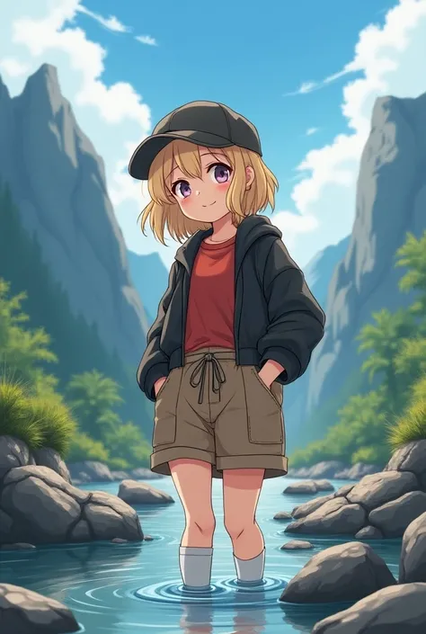 anime girl,  in the wild , mountains in the background, grins,  blonde shoulder-length wavy hair , Middle veil ,  dark baseball cap ,  dark brown jacket tied around the waist , rotes T-Shirt,  short light brown dungarees with an open strap,  wet spot in cr...