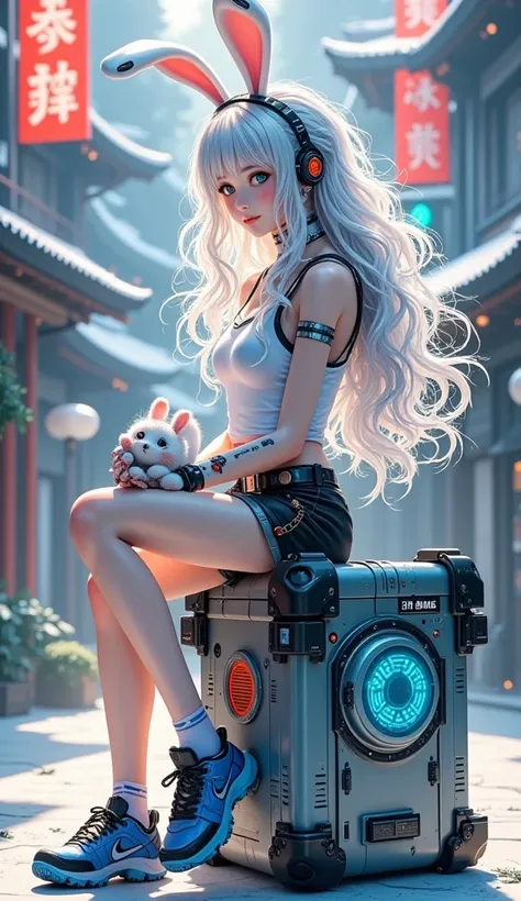  Ultra Realistic Photography，A long-haired, half-human, half-robotic girl sits on a tech charging bin。 Her hair is silvery white ，Curly and fluffy ， with bunny ears on her head 。 Shes wearing a top 、 black shorts and blue shoes ， and a bow decoration on he...