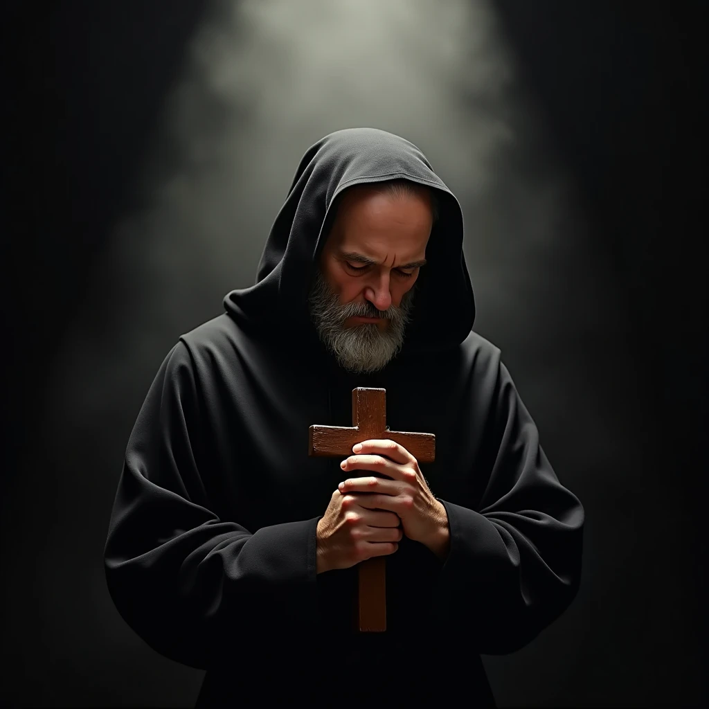 Picture Saint Padre Pio in the spotlight, wearing his dark, simple robes, with hoods that leave part of his face in shadow, highlighting his expression of deep devotion. He holds a sturdy cross in both hands, close to his chest, and his head is slightly bo...