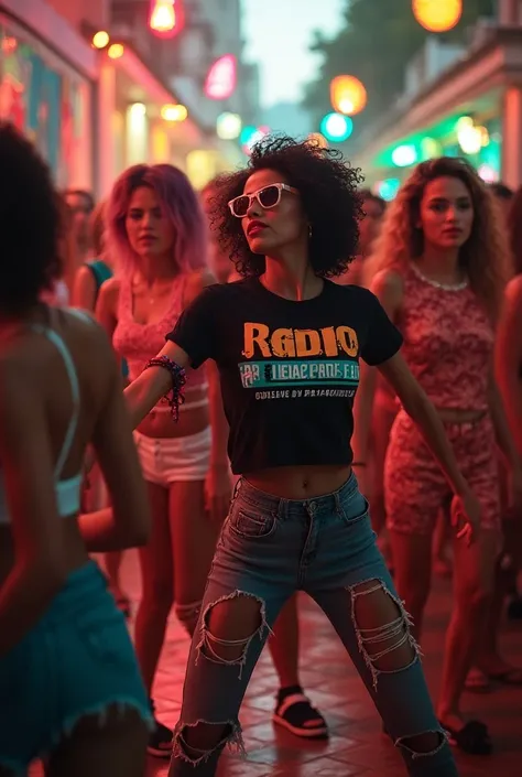 beautiful women at a dance in the suburbs of Brazil, wearing a t-shirt from "Radio Sub Cultura FM by DJ Kaden BR". with several sound cars, and some futuristic graffiti