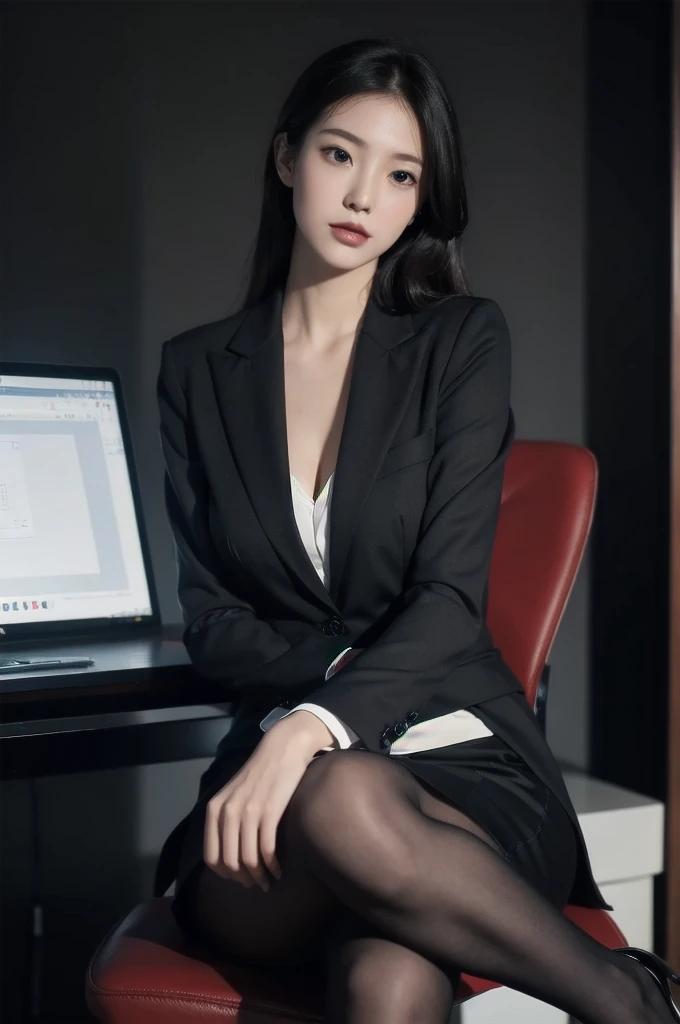 (Masterpiece), ((Best quality)), (Masterpiece,Best quality,offcial art,Extremely detailed Cg Unity 8K wallpaper), , Beauty photo, A lady，solo,Elegant upper-class elite secretary in a business shirt,Perfect look，Double eyelid eyes，Delicate makeup， working i...