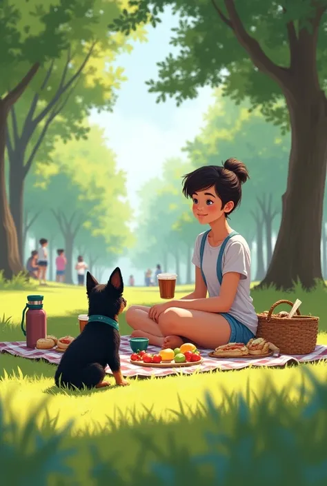 An illustrative image, Where a  is having a picnic in a park and realizes that a puppy with black fur and blue eyes is hungry