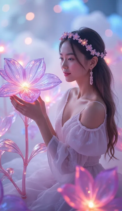 Create a whimsical scene featuring exquisite glass flowers that shimmer with ethereal light, each petal reflecting soft hues of pink, blue, and lavender. In the midst of this enchanting garden, an angelic woman with flowing, silken hair, adorned with delic...