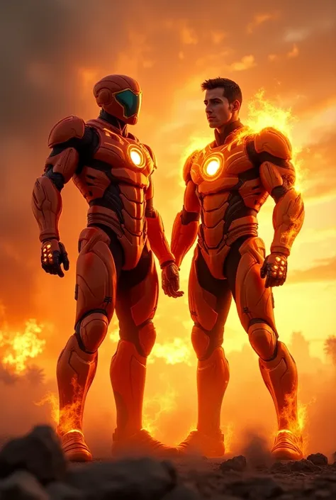 Create an image featuring a mech suit and Firestorm side by side, highlighting their unique characteristics while emphasizing their shared properties.

On the left, depict a high-tech mech suit with a bold, fiery design. The suit is primarily orange and re...