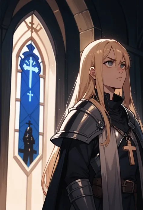  A knight wearing armor holding a crucifix looking up,  as the moonlight illuminated her face with long blond hair , at the door of a church looking with a serious expression at the screen 