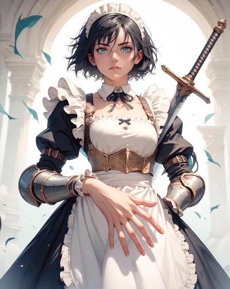 mujer, maid armor, giant sword on hand, short hair, black hair, blue eyes, strong.