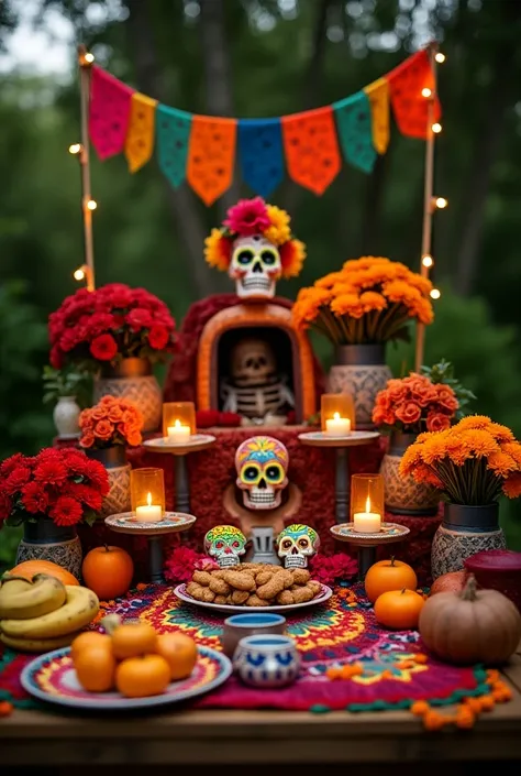 A vibrant and beautifully arranged Day of the Dead altar outdoors, with marigold flowers, colorful sugar skulls, traditional Mexican bread (pan de muerto), and an assortment of fruits like bananas, apples, and oranges. The altar is adorned with candles, pa...