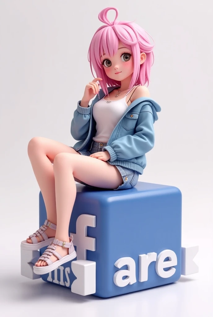 Create a 3D illustration of an anime-style pink-haired female character sitting casually on top of a social media logo.
"facebook". The character should wear modern casual clothing, such as a denim jacket and sandals.
The background of the image is a socia...