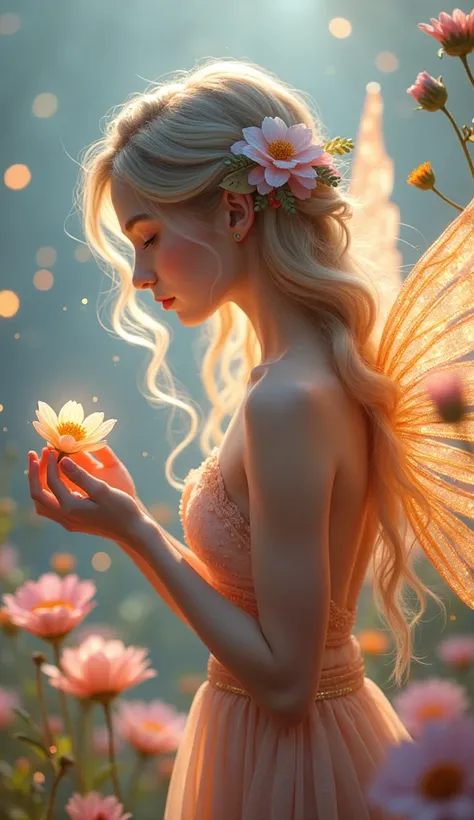 Imagine a serene, ethereal scene where delicate glass flowers bloom in a kaleidoscope of colors, their surfaces shimmering like liquid rainbows under soft, dappled light. An angelic woman with flowing, iridescent hair adorned with tiny, luminescent blossom...