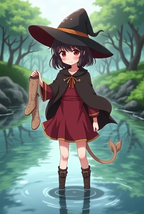 Megumin, anime, brown medium-length hair, Red Eyes,  black witch hat , red dress,  brown cape , barefoot, stands in the river, A pair of light brown boots with stuples in the left hand 