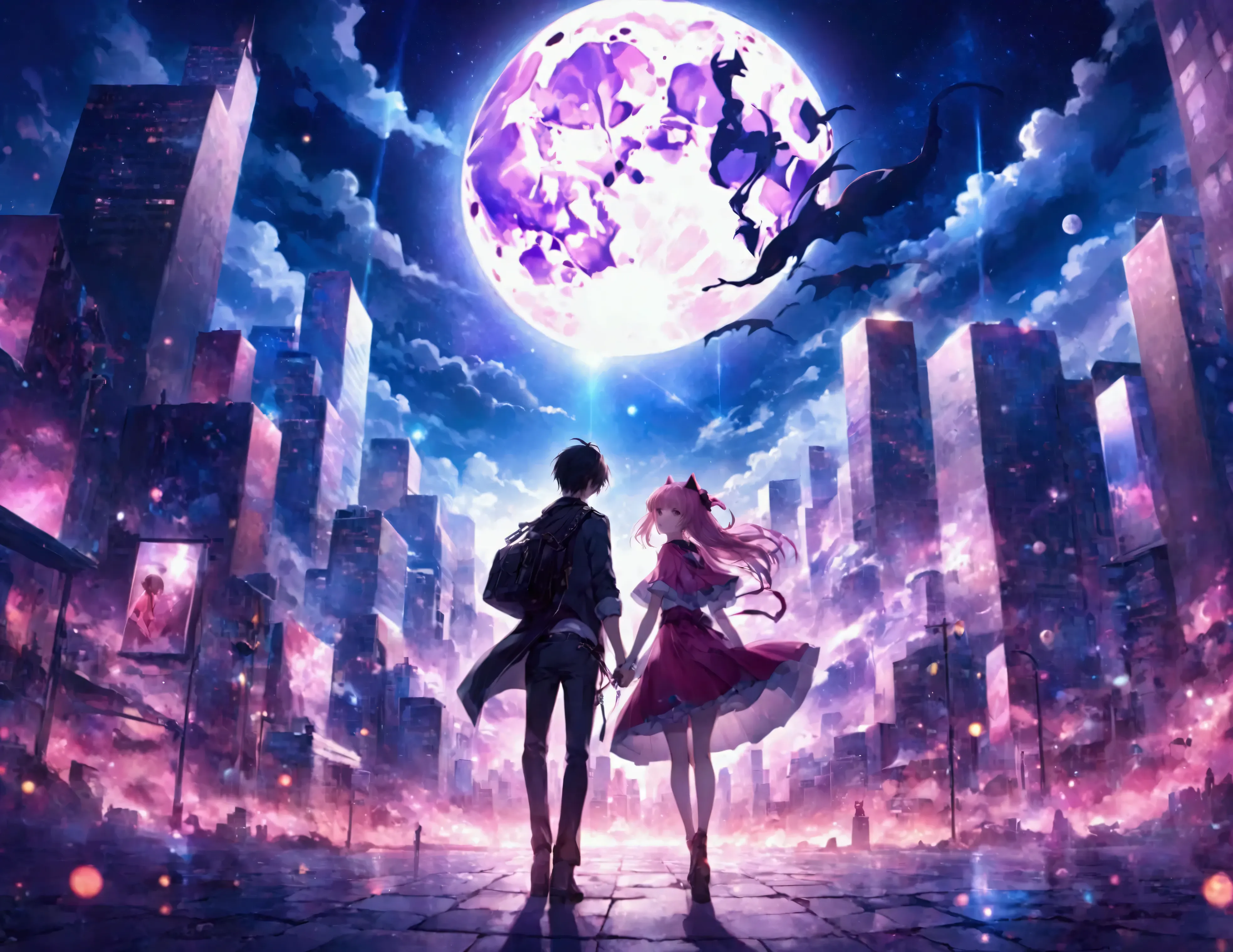 anime couple in the city on the night of the full moon、beautiful fantasy anime、epic light novel cover、 anime fantasy art 、  drea...