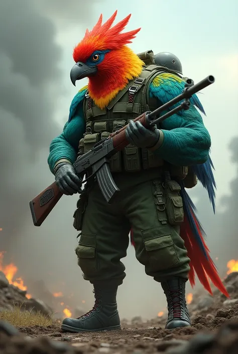 Animal Quetzal soldier with a PKM machine gun, military boots and helmet 