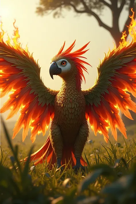 An image of an animal with human features with a cross between a macaw and a savanna plant that releases fire on its wings