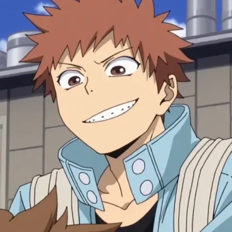  A black-skinned anime character Boku no Hero, short spiked red hair ,loose clothing and sneakers Nike , smiling with sharp teeth 