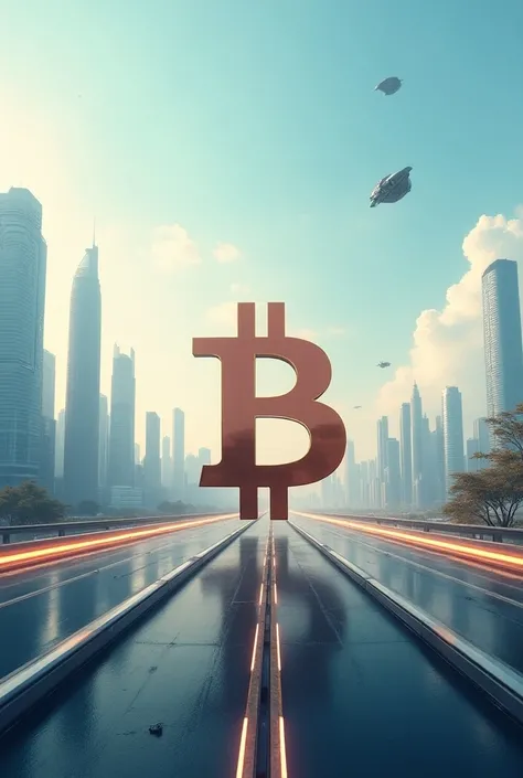 Bitcoin symbol in todays world that is leaving in a future world on a road  