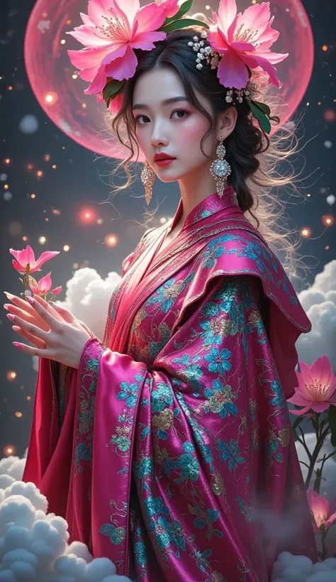 [Vision:1.0]，[Wide Angle:1.0]，Three-dimensional ancient style，Vivid Chinese Aesthetics， League of Legends Ahri，whole body照，Perfect hands ， long pink hair， Nine fox tails on the coccyx，Pink fox ears，Red warrior outfit， Energy ball in hand，wallpaper， Game ba...