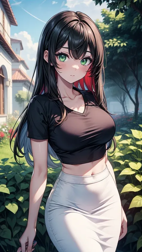 ((masterpiece, best quality:1.8, high detail)), beautiful woman, bright green eyes, wide-eyed, solo focus, long hair, ((dark medium hair)), (red crop top t-shirt v-neck), (white midi pencil skirt), slim body, garden, (cloudy sky),