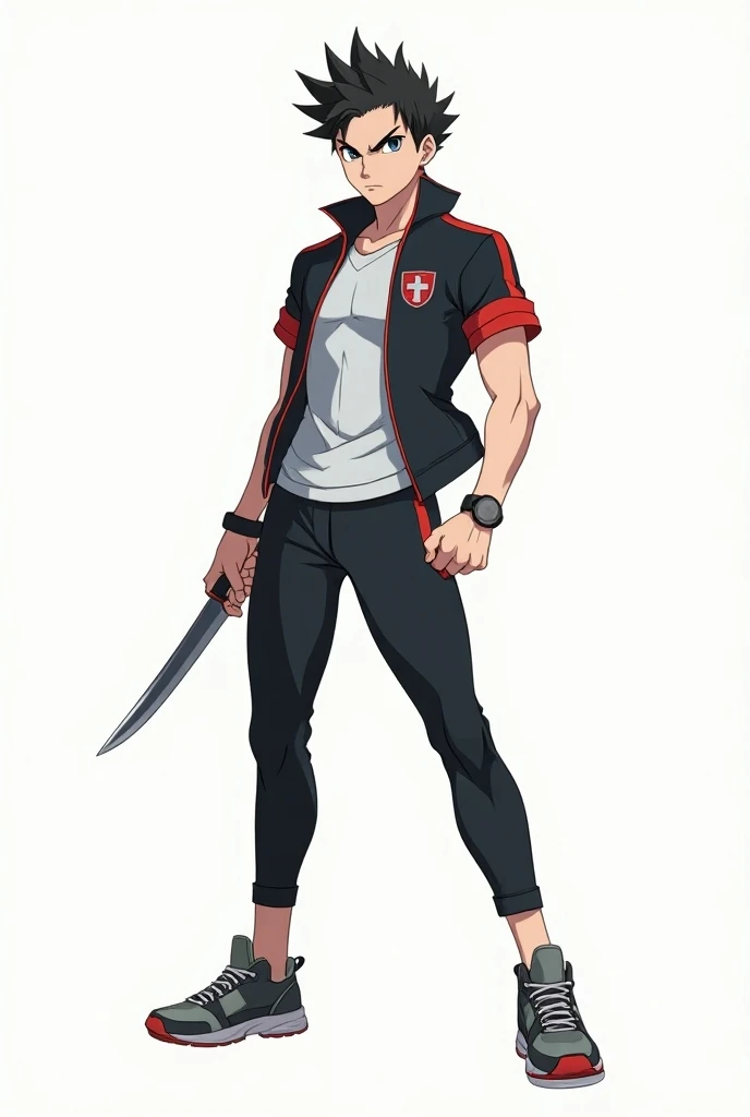 A full shot of an anime male character wearing a track suit with sneakers. He is standing in an action pose and holding a knif in his left hand. 