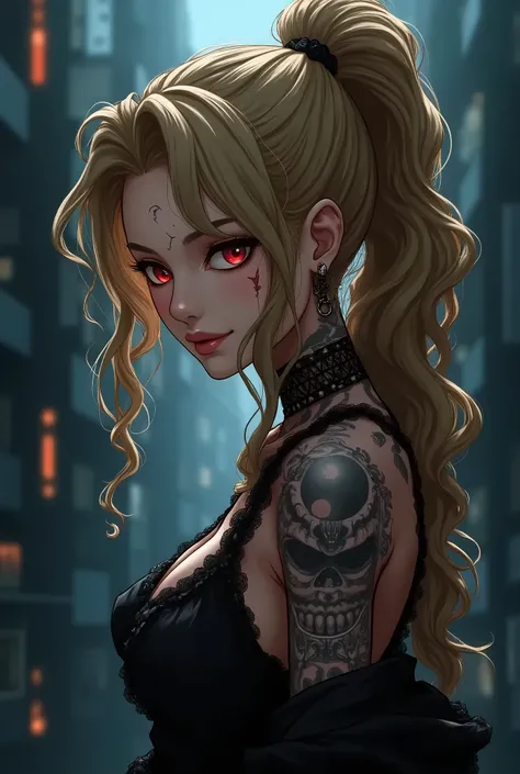 Anime woman, anime, Ryan Ashley Malarkey,long ponytail, perfil portrait image of a woman with long light blond and black curly hair, red eyes, she wears social clothes and have a lot of ((tattoos on her body)). She is smiling like a villain, with a moon li...