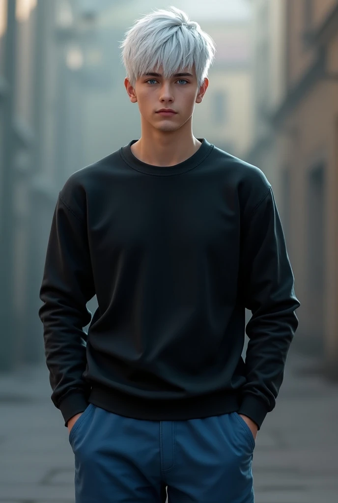  You can portray an 18 year old guy .  White and short hair like Nero from Devil May Land 5.  casual wear : sweatshirt, pants.  Clothing color black and blue . blue eyes and height 183 .