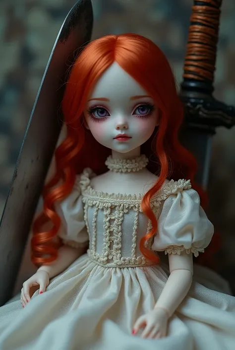 A beautiful small porcelain doll,red hair, purple eyes, sitting,leaning against a big sword, red eyes, lovely lolita dress, 