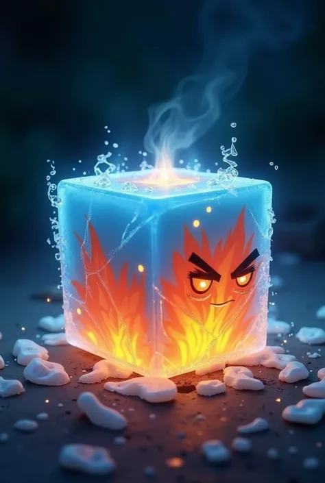 "A dynamic character that is a fire ice cube—a small, glowing cube with an icy blue and fiery orange appearance. The cube has a cracked, semi-transparent ice texture, with streaks of blazing flames glowing from within, creating a captivating mix of cool an...