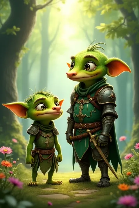 ♥Create an image featuring a goblin and a knight side by side, highlighting their unique characteristics while emphasizing their shared properties.

On the left, depict a mischievous goblin with a small, agile body covered in green skin and adorned with pl...