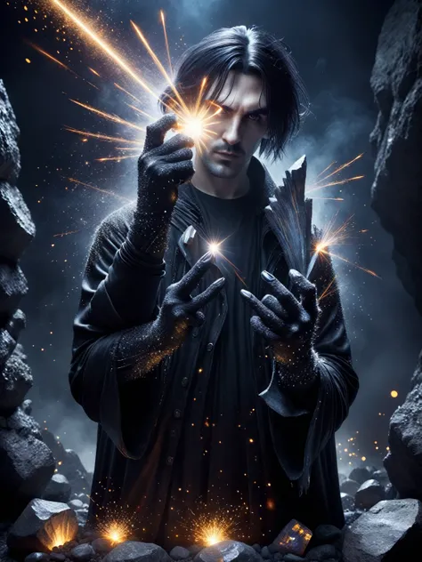 a goth man with a claw glove with a long fingers emmits a beam, a beam cuts a rock, spark, fantasy, beam form the hand, mining a stone with a beam, man outlook is a dark goth fantasy style, two hands, five fingers