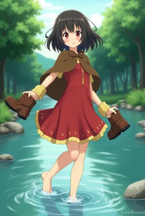 Megumin, anime,  medium short dark brown hair , Red Eyes,  red dress with yellow hem ,  brown cape ,  wades barefoot through a river , looks over shoulder ,  her brown boots with light brown cuff in the left hand,  the clothes drip into the water  