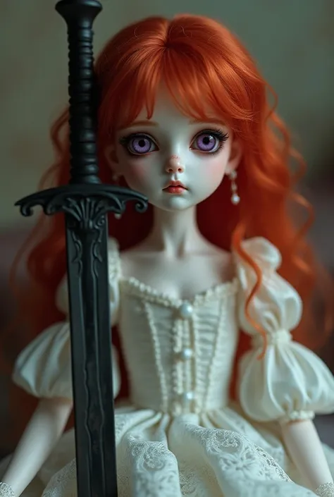 A beautiful small porcelain doll,red hair, purple eyes, sitting,leaning against a big sword, red eyes, lovely lolita dress, 