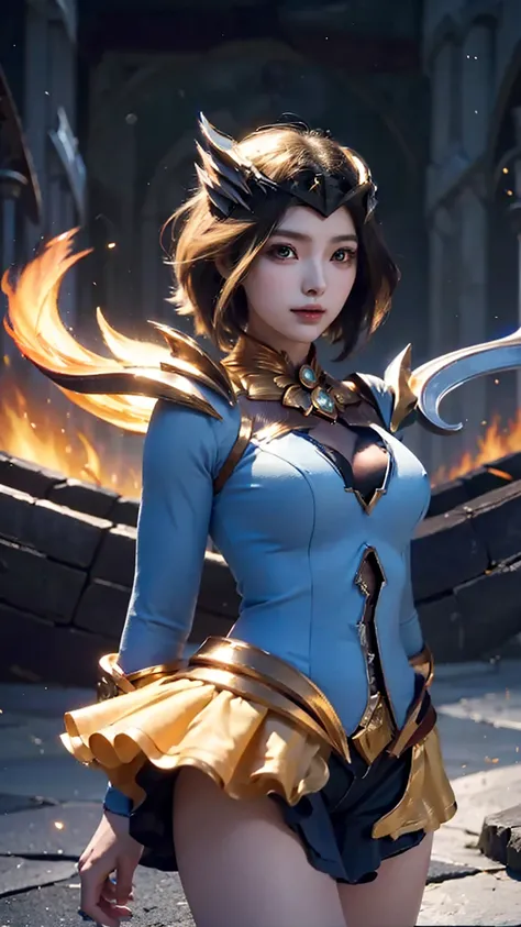 Beautiful close-up, facial features, beautiful hair, eyelashes, Mobile Legends Lunox, skinny girl, fire, gorgeous face, sweet smile, the most beautiful person, perfect body, balance, Perfect anatomy, UHD picture, perfect figure, cute girl, wizard, sorceres...