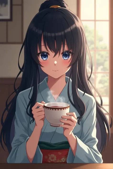 I was drinking tea 
Woman with black hair with blue eyes 
Anime style