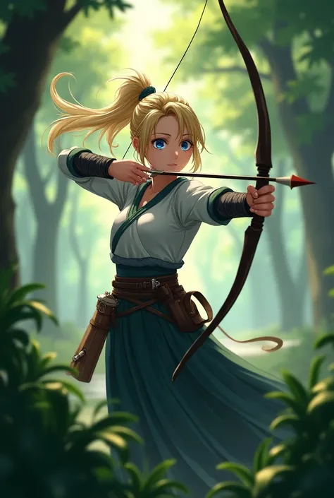 Anime woman, archer clothing, bow in hand, nervous look, blonde, ponytail, blue eyes, forest