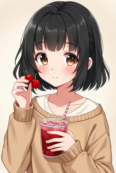 araffe girl with a cherries in her hand and a drink in her hand, neat hair with bangs, with short hair, kawaii realistic portrait, white hime cut hairstyle, she has black hair with bangs, girl cute-fine-face, chiho, shikamimi, black hime cut hair, the hime...