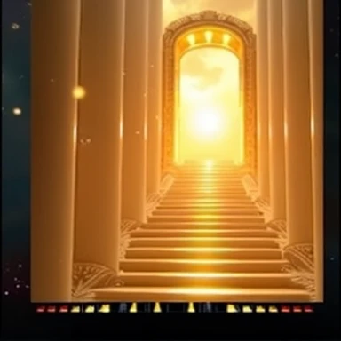 stairs coming down from the sky , with a bright yellow light and an open golden gate