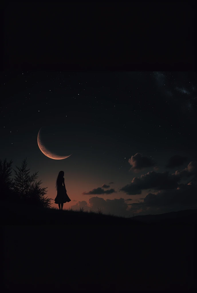 Beautiful, magical, romantic, emotion, beauty, sadness, love, touching, melancholy, masterpiece, detailed, high reslution, perfection, 8k, background, landscape, peace, calm, night, darkness, midnight, black, stars, moon, clouds, moon in the corner, night ...