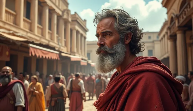 An ancient Athenian street scene with Socrates, a wise and humble figure with a rugged beard, walking through a crowded marketplace. Surrounding him are merchants, soldiers, and citizens going about their daily lives. Socrates stands out as he stops to spe...