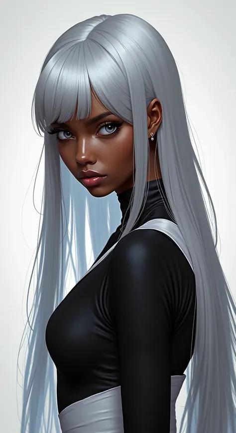 young woman, dark-skinned beauty ,  with gray eyes and straight silver hair 