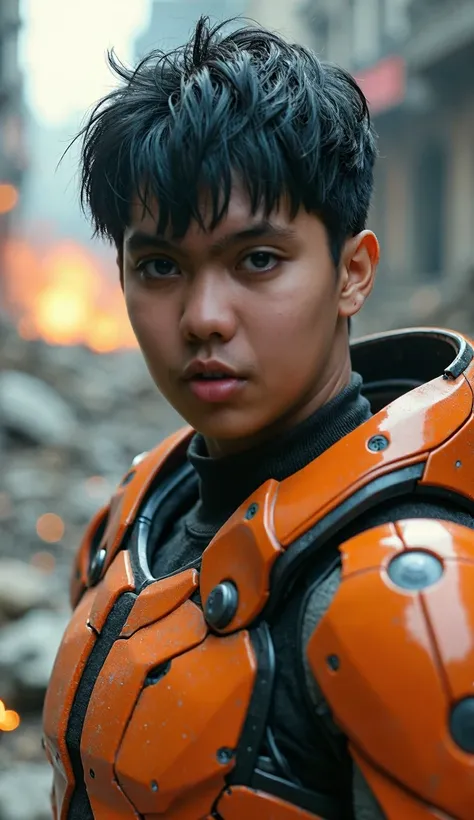 Close up photo of a handsome young man with Korean style hair, black hair color. wearing an orange robot iron armor costume. head and body iron armor, The man poses with his hand holding a shield. The background is in a ruined city, explosion effects on bu...