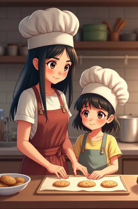 Straight black haired mom with chefs hat making cookies with her little  daughter