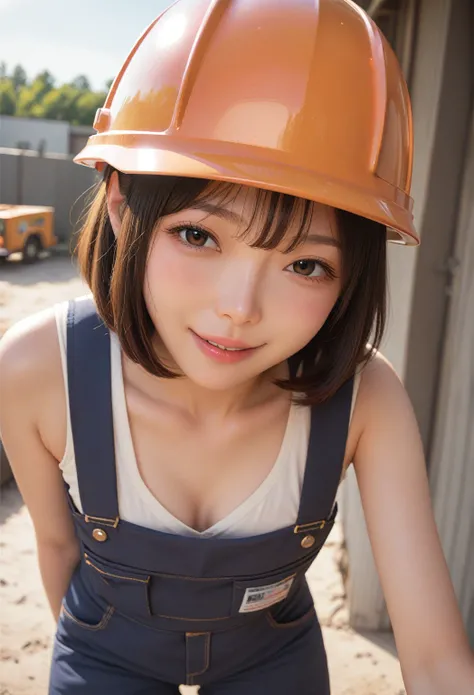   beautiful adult woman , 30 years old,  Hi-Res ,超  Hi-Res , Natural Light,  smile,  bob cut, helmet ,Construction worker, Work clothes, Wide angle of view, construction site, 日中はNatural Lightが入る, Facing right 