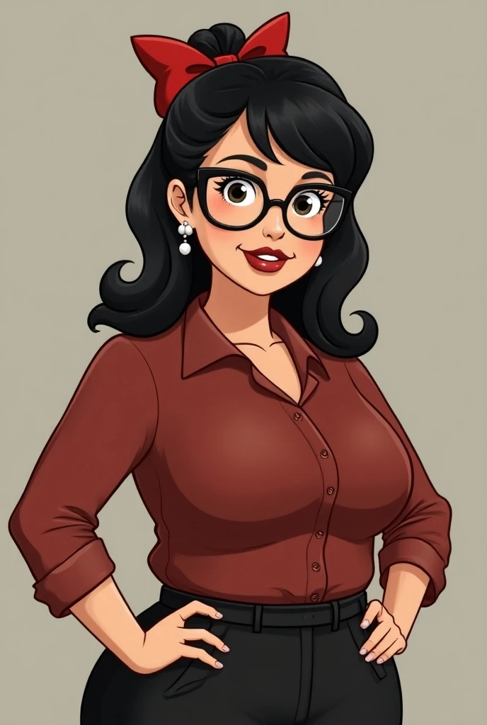  I want the image of a woman in a cartoon with black hair with a bow,  with large hips and half a chubby , with glasses, about 40 years old,  dressed as a film manager at the company Cinemark ,  mature woman , normal breasts, And a Cinemark background ,  t...