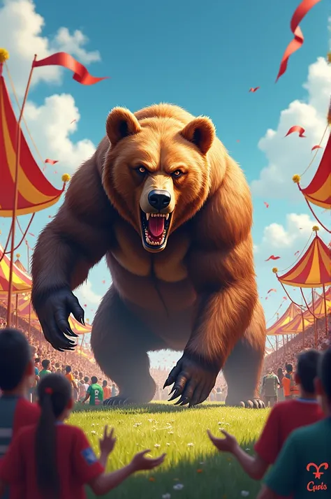  Create a catas about a soccer festival,  on 08 /12/24 with the animal being an angry bear .