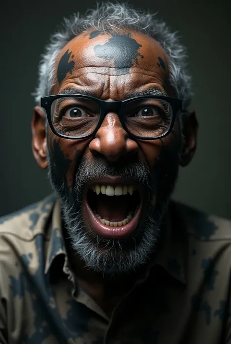 close up of a horrified older black man wearing glasses covered in splattered gray paint, highest definition, highest detail, highest quality 